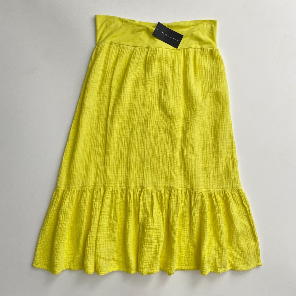 Bryn Walker Cotton Gauze A-Line Wide Waistband Ruffle Midi Skirt Quince Yellow
